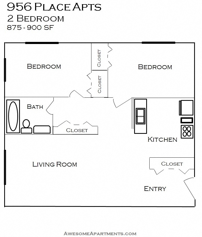 Floor plan for 2 beds, 1 bath, 900 sqft